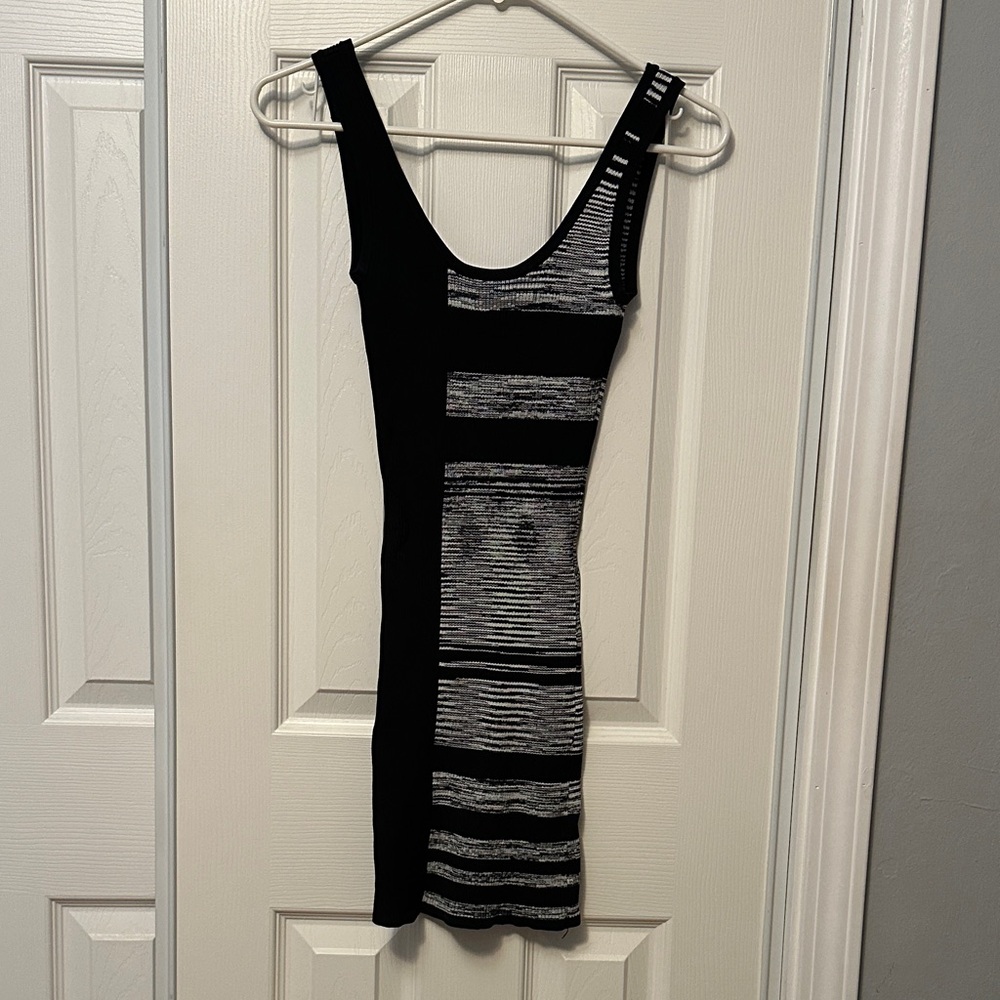 Bebe Black and Gray Patterned Mini Dress